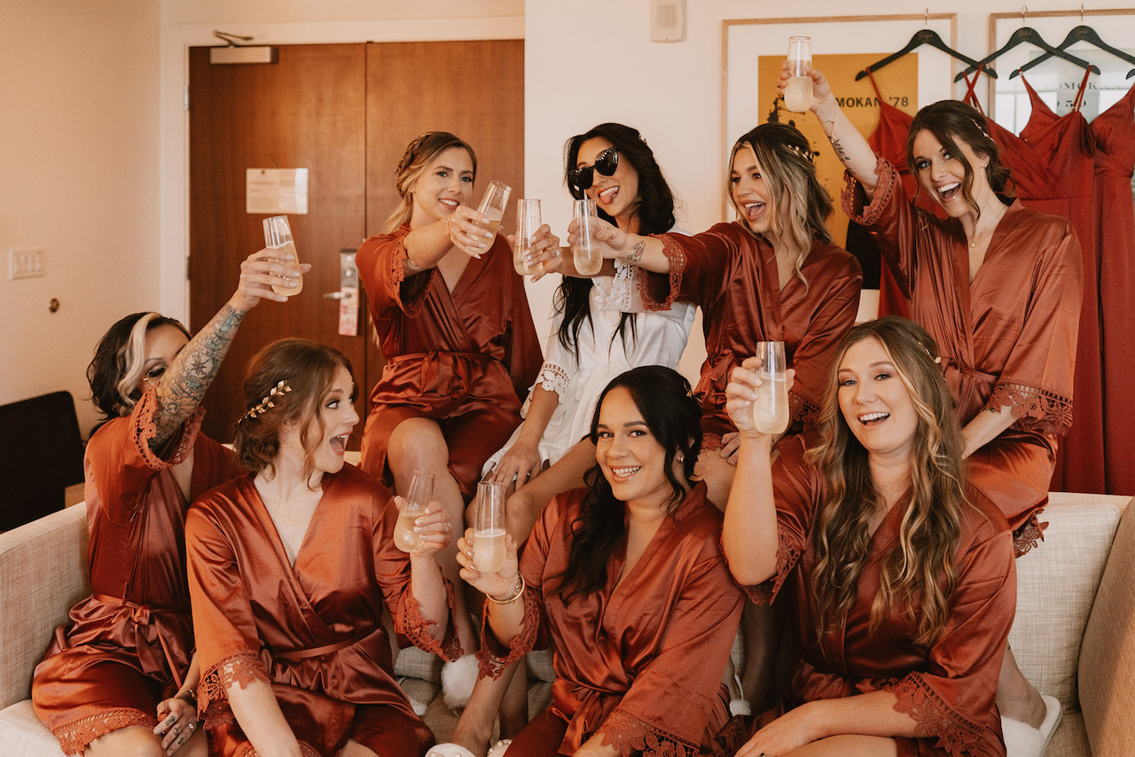 bridesmaids and shay in matching robes