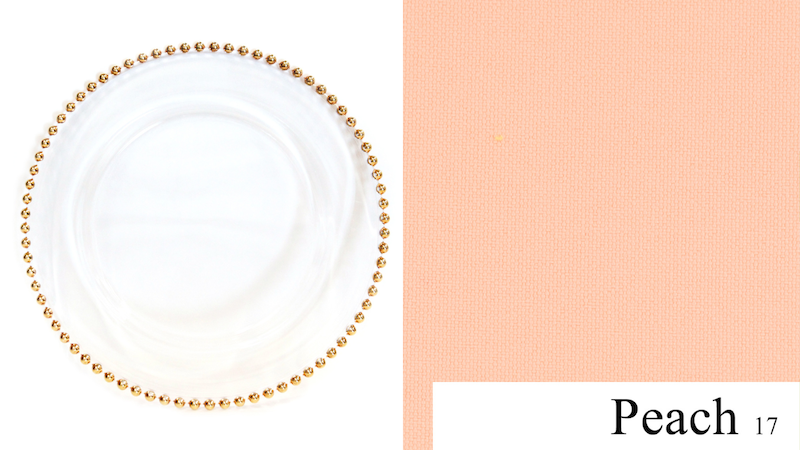 gold belmont glass charger, peach napkin