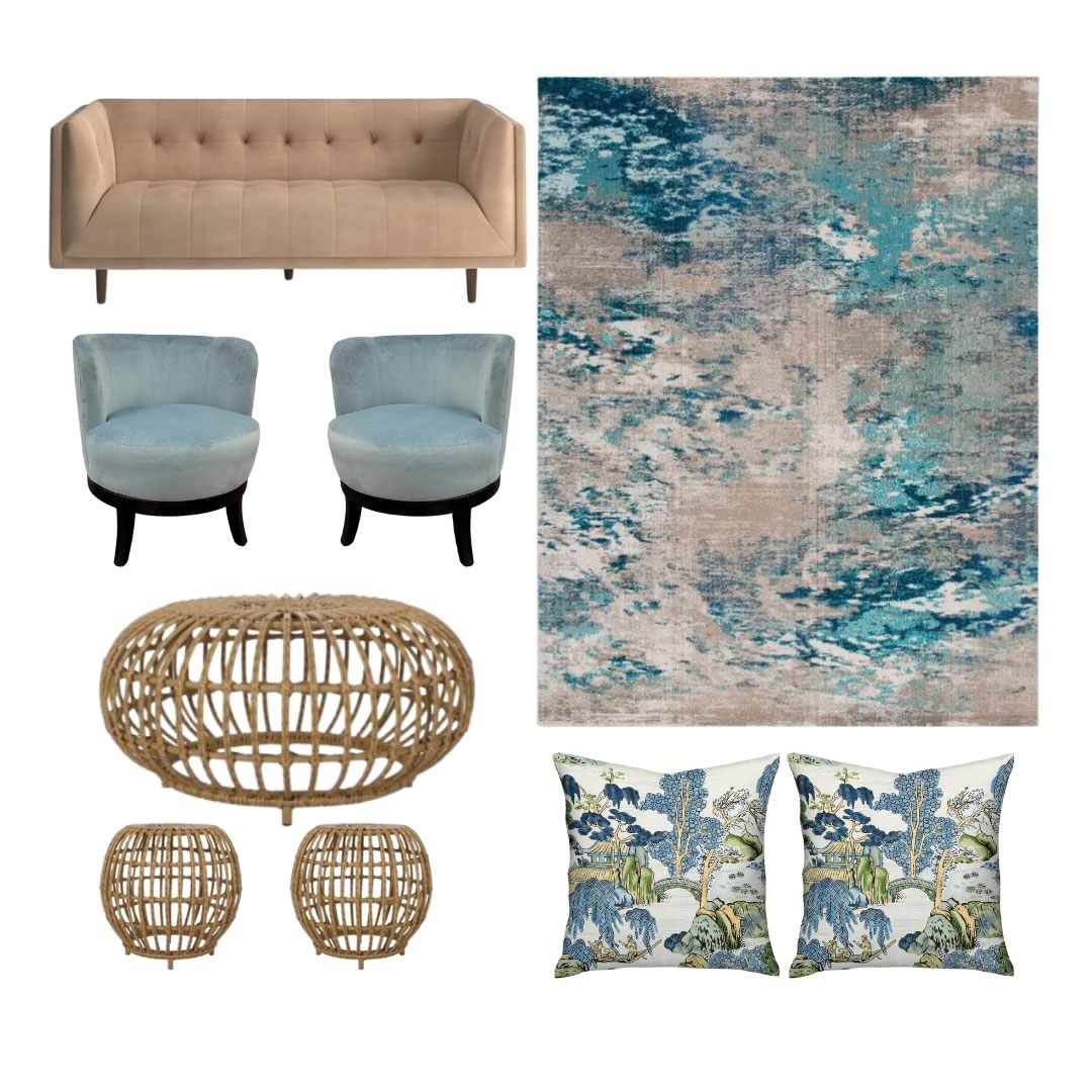 Paige Sofa Tan, Tiffany Chairs, Irma Rug, Tommaso Coffee and End Table, Chinoiserie Blue and Green Pillow