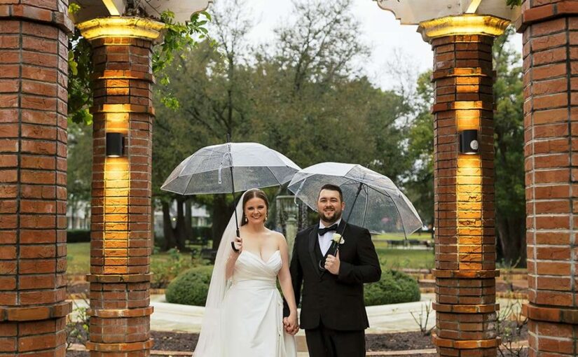 Bride and groom outdoor portrait taken while holding umbrellas