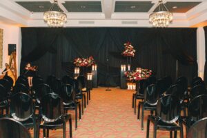 The Birchwood Wedding ceremony. A Chair Affair Black Ghost Chairs.