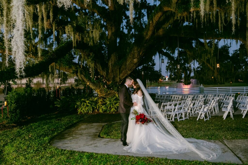 Highland Manor wedding bride and groom pictured outside in front of big oak tree at dusk,