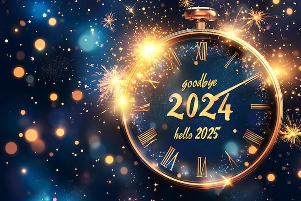 A picture of a stopwatch with the phrase goodbye 2024 hello 2025 in the middle of it with small bursts of gold fireworks all around with a blue background