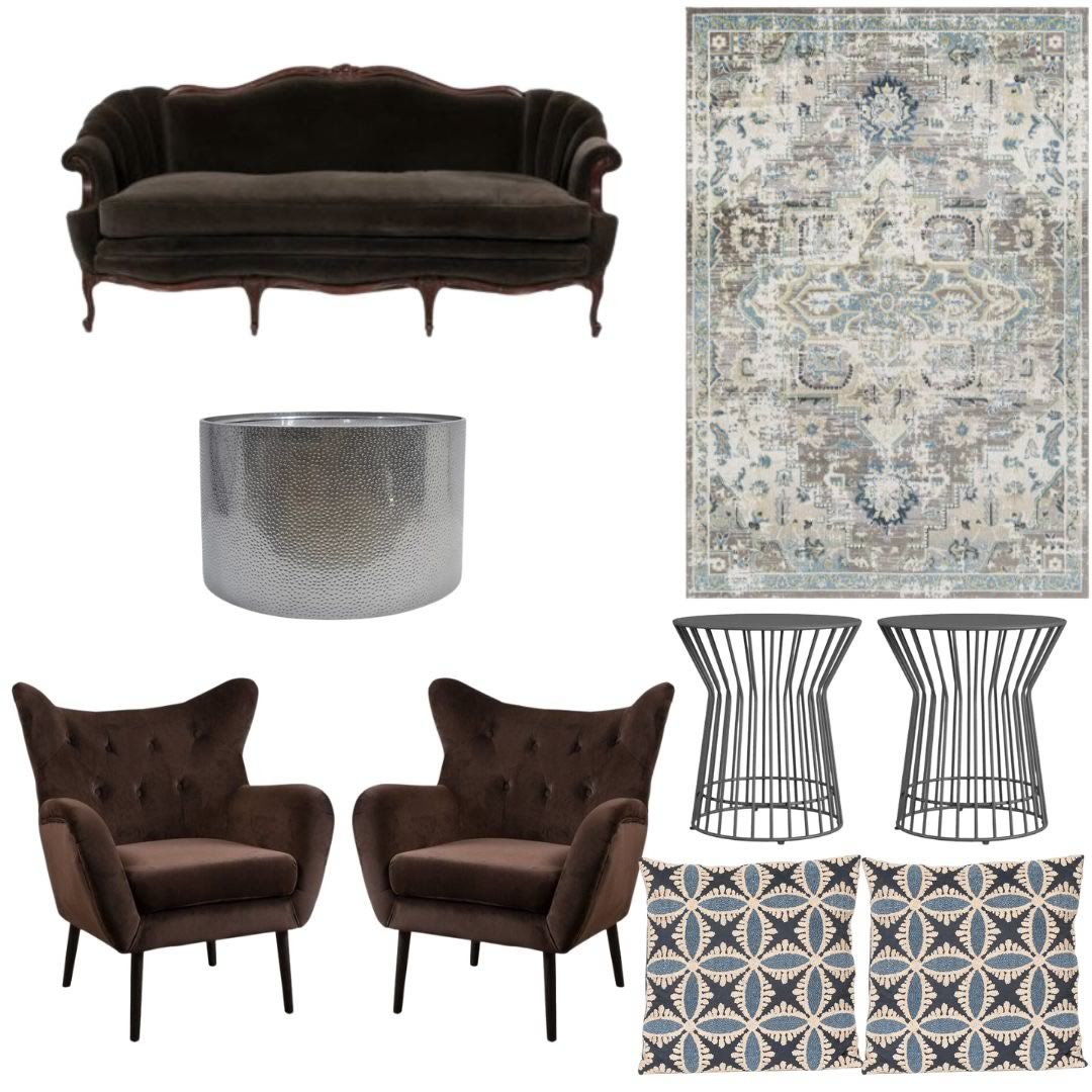 Col 1 Jane and George MOD 4' Black high back banquet Black full banquet white pillar Dannie chairs Ariel end tables Blue Kaleidoscope Pillow