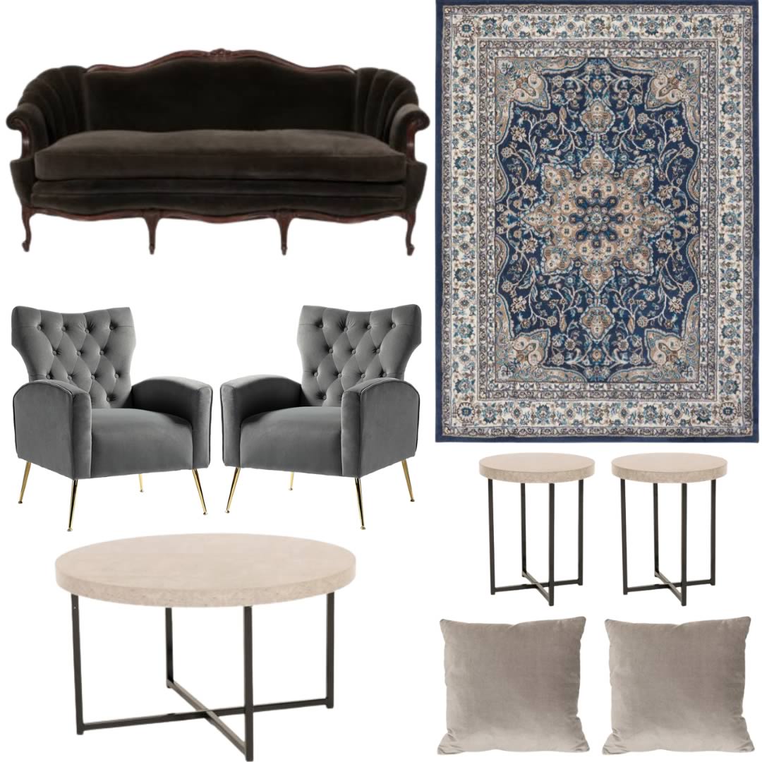 Col 2 Jane and George Brigham Rug MOD black high back curved banquet Kaley Chairs Emerson Coffee Table Emerson End Table Silver Velvet Pillow