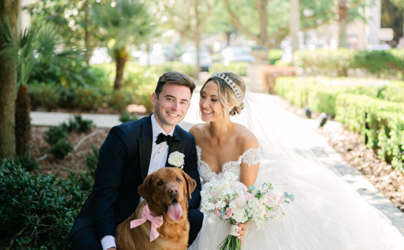 Bride and Groom with their dog from First Look. Orlando Wedding Rentals