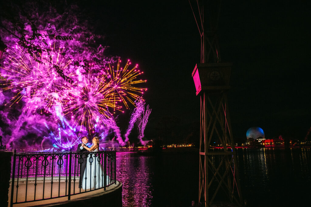 view of fireworks with EPCOT ball in background
