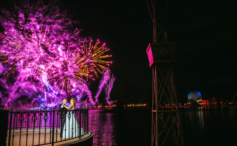 view of fireworks with EPCOT ball in background