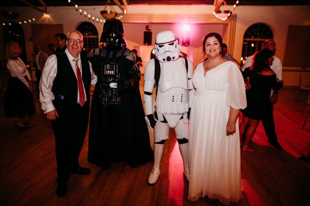 Bride and Groom with Star Wars characters. Orlando Wedding Rentals. Tampa Wedding Rentals. Gold Chiavari Chairs