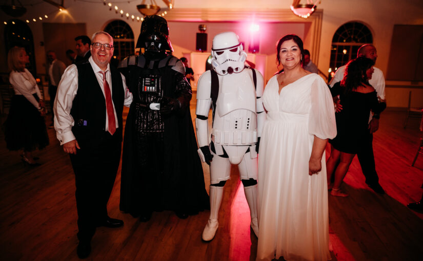 Bride and Groom with Star Wars characters. Orlando Wedding Rentals. Tampa Wedding Rentals. Gold Chiavari Chairs