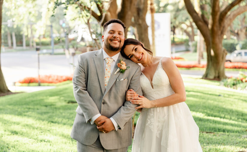 Bride leaning on grooms shoulder at the Hyatt Regency Orlando. Orlando wedding rentals. Tampa wedding rentals. Orlando chair rentals