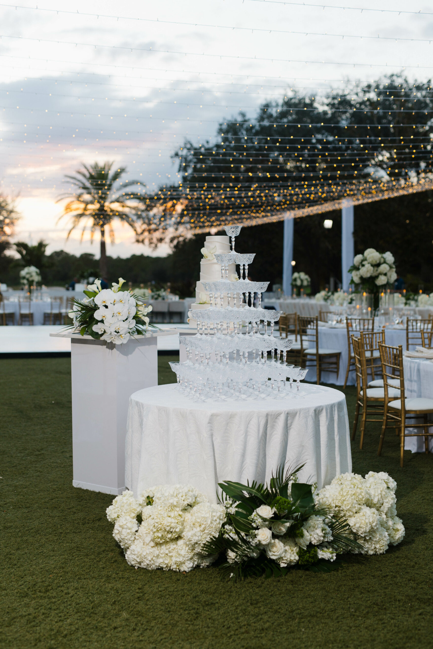Champagne Tower with Grace Etched Champagne Coupes from A Chair Affair