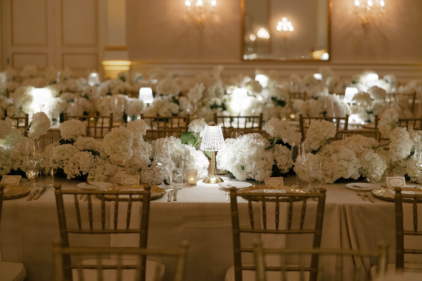 Table view with gold chiavari chair from A Chair Affair in Florida. Central Florida Wedding Rentals