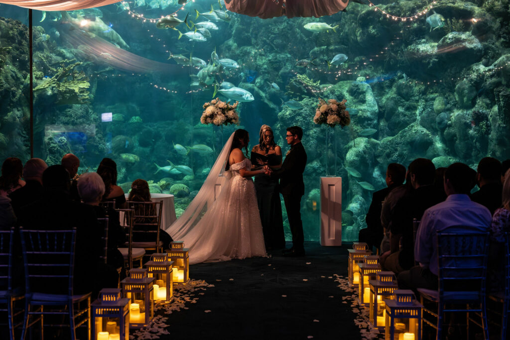 Ceremony at Florida Aquarium with lanterns. Tampa Wedding Rentals. Tampa Chair Rentals. Tampa Chiavari Chairs. Tampa Weddings