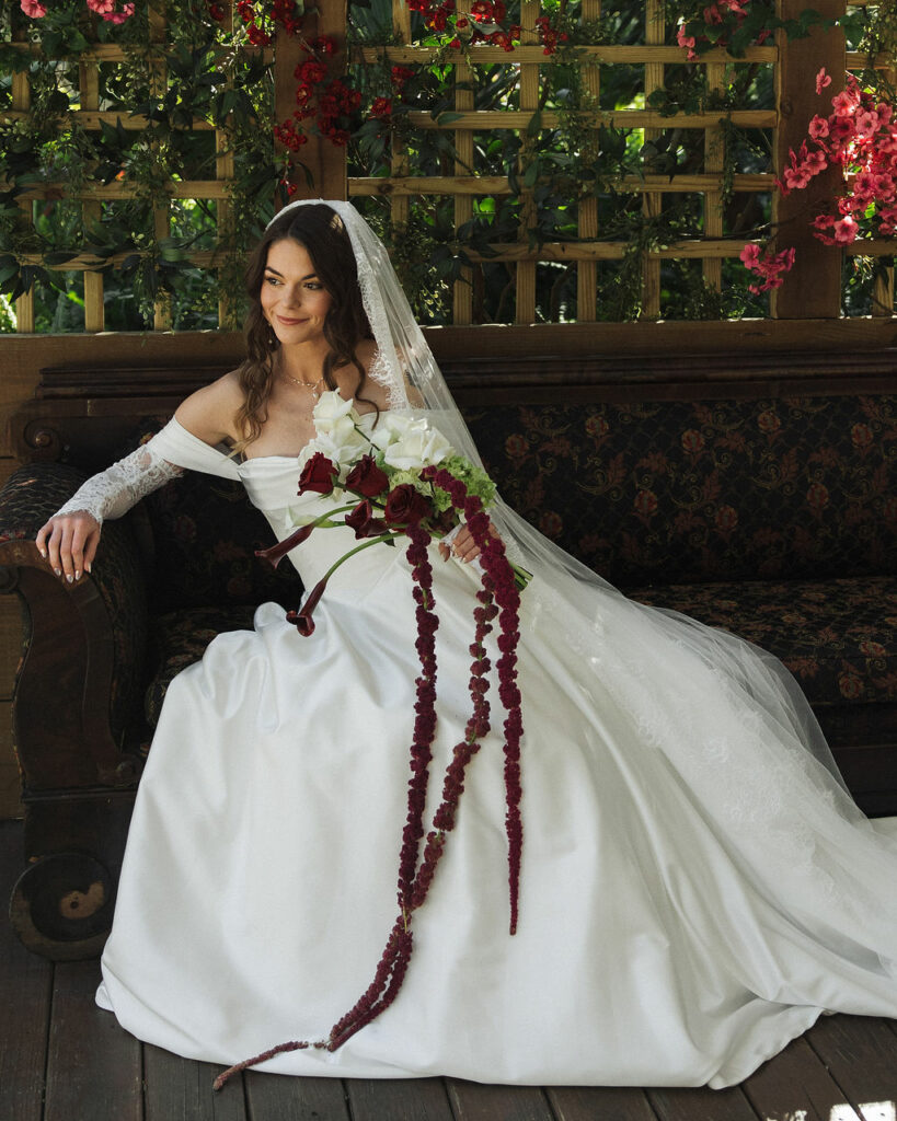 Bride sitting at Del Favero Oasis. Tampa Chair Rentals. Tampa Wedding Rentals. Tampa Bay Weddings. French Country Chair Rentals. Charger Rentals. Central Florida Wedding Rentals.