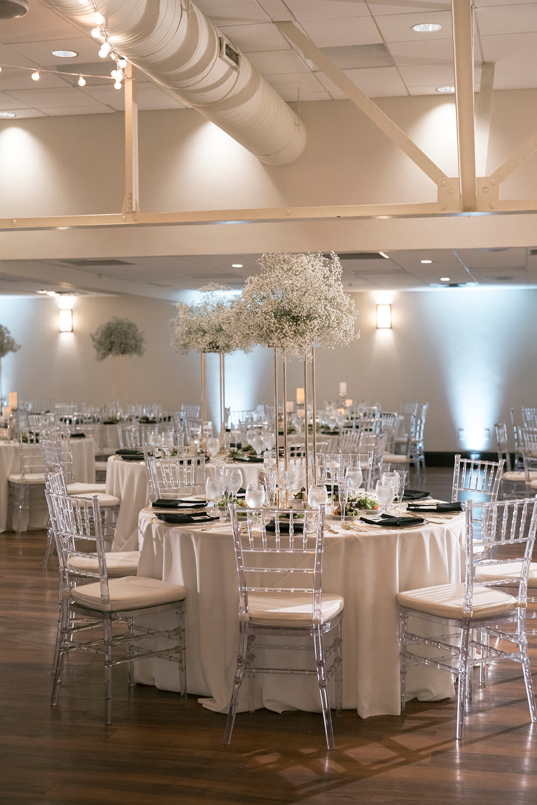 Room view with babys breath clouds. Sunken Gardens. St Petersburg Weddings. St Petersburg Wedding Rentals. Tampa Weddings. Tampa Wedding Rentals. Wedding Rentals Tampa. Chiavari Rentals Tampa. Chiavari Rentals Central Florida. Charger Rentals Tampa. Charger Rentals Central Florida