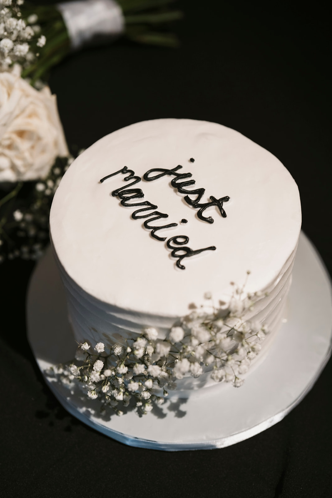 Cake with Just Married on it.