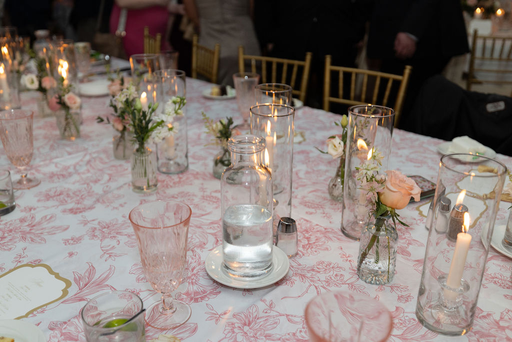 Close up of Grace Etched Blush Water Goblets. at Highland Manor in Apopka, FL. Reception was at Highland Manor with Grace Etched Blush Water Goblets from A Chair Affair. Orlando Weddings. Orlando Wedding Rentals. Wedding Rentals Orlando. Central Florida Wedding Rentals. Florida Goblet Rentals.