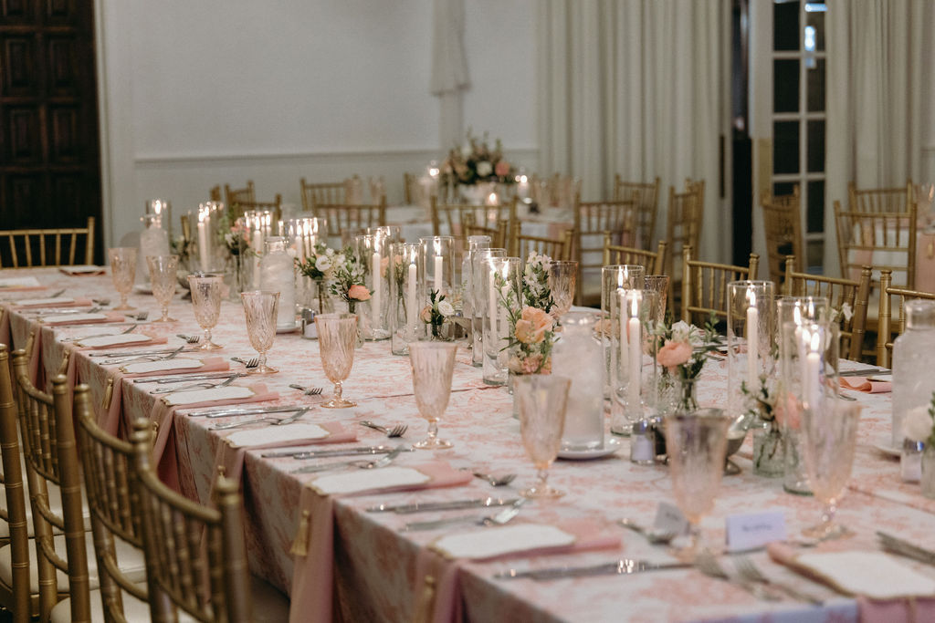 Table view including Grace Etched Blush Water Goblets from A Chair Affair. at Highland Manor in Apopka, FL. Reception was at Highland Manor with Grace Etched Blush Water Goblets from A Chair Affair. Orlando Weddings. Orlando Wedding Rentals. Wedding Rentals Orlando. Central Florida Wedding Rentals. Florida Goblet Rentals.