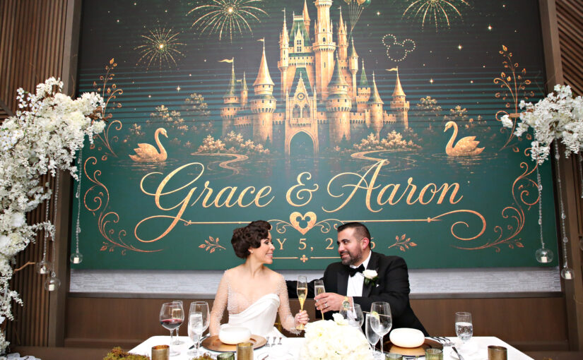 Bride and Groom at the head table. Central Florida Wedding Rentals. Orlando Wedding Rentals. Chiavari Chair Rentals. Gold Chiavari Chairs. Walt Disney World. Swan and Dolphin Resort.