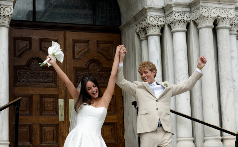 Bride and Groom excitedly exiting church. White Chiavari Chairs provided by A Chair Affair. Central Florida Wedding Rentals. Tampa Wedding Rentals. Tampa Chair Rentals. Chiavari Chairs.